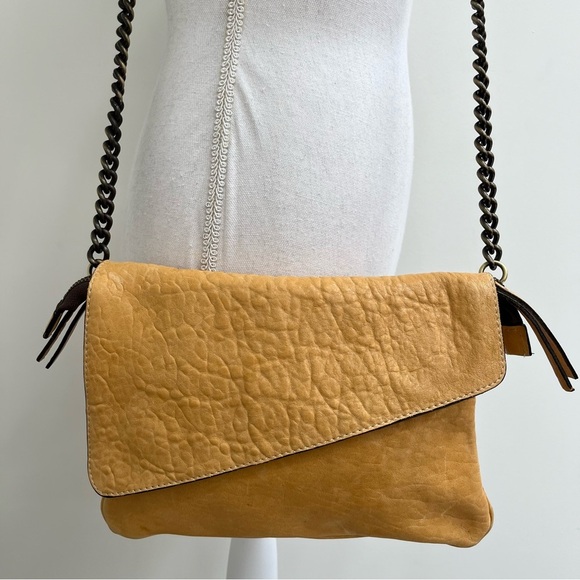 MAXON COLLECTION PEBBLED LEATHER MUSTARD YELLOW ASYMMETRIC FLAP CROSSBODY BAG - Picture 2 of 15